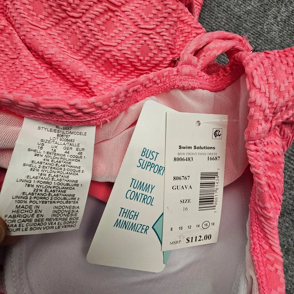 Swim Solutions Swim Dress Womens 16 Guava Pink Bow Front Tummy Control New - Picture 11 of 11